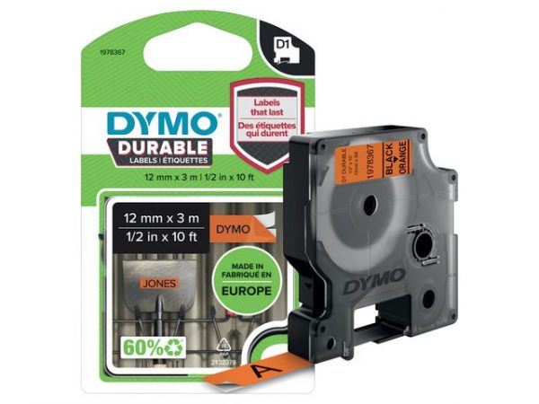 Tape DYMO Durable D1 12mm svart på ora.